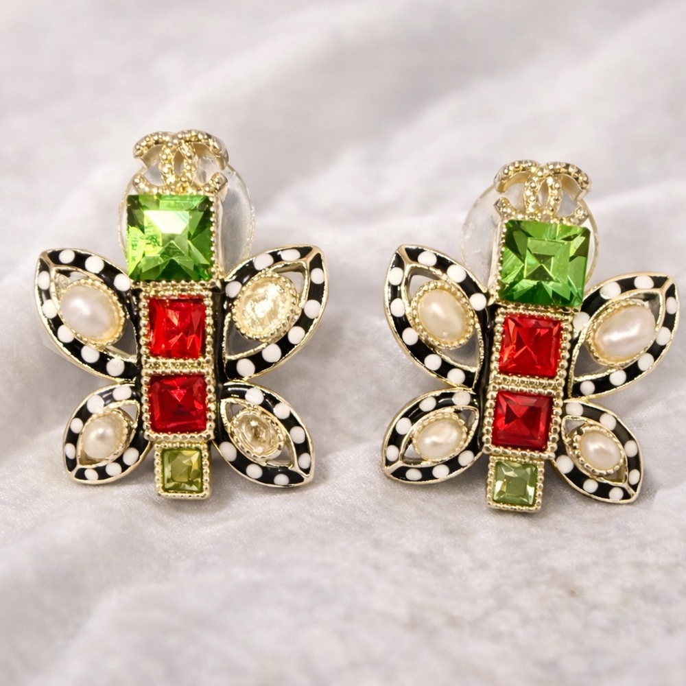 Colorful Crystal Butterfly Stud Earrings with Pearl Accents - Green & Red